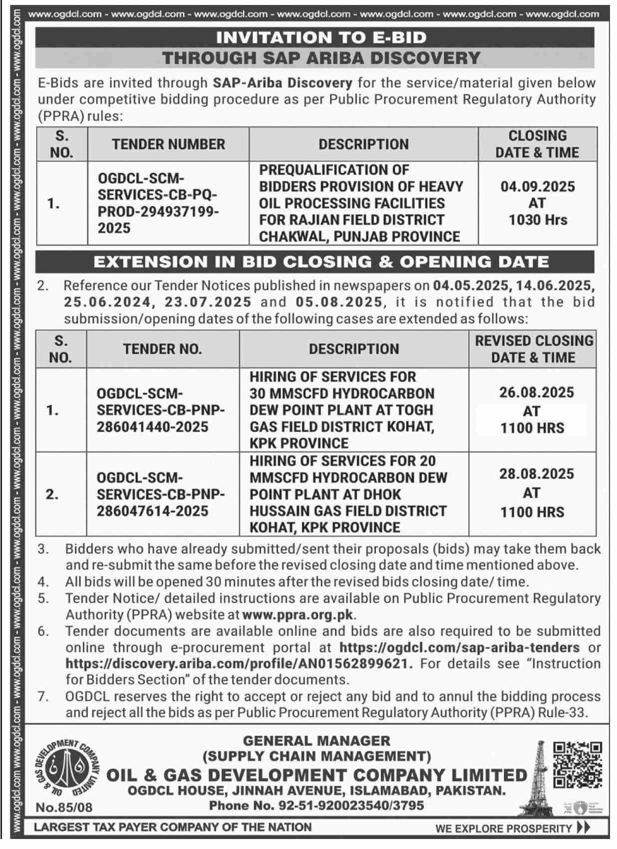 Oil & Gas Development Company Limited Islamabad Tender Notice